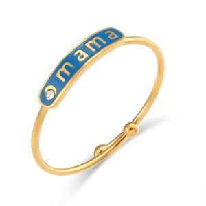 Blue Enamel Mama Adjustable Zircon Stackable Ring 18K‎ Gold Plated Size 7